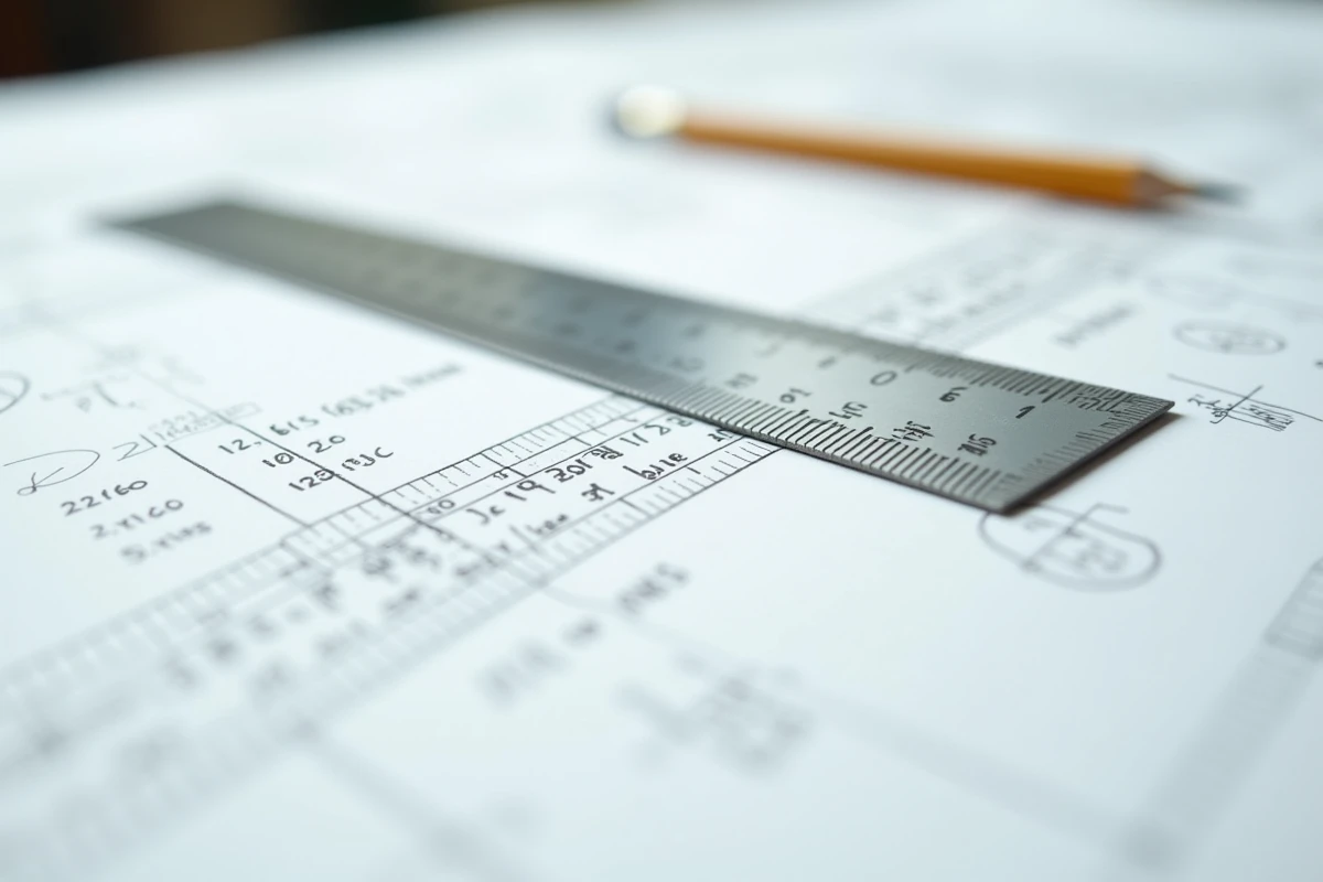 Gros plan d'une règle double graduation pouces et centimètres posée sur un papier avec des notes de conversion manuscrites