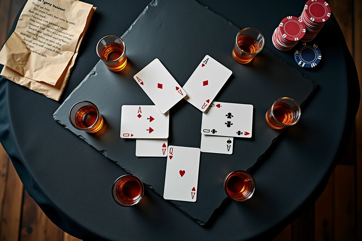 Vue aérienne des cartes du jeu Palmier Règle disposées en palmier avec des verres à shot et les règles du jeu