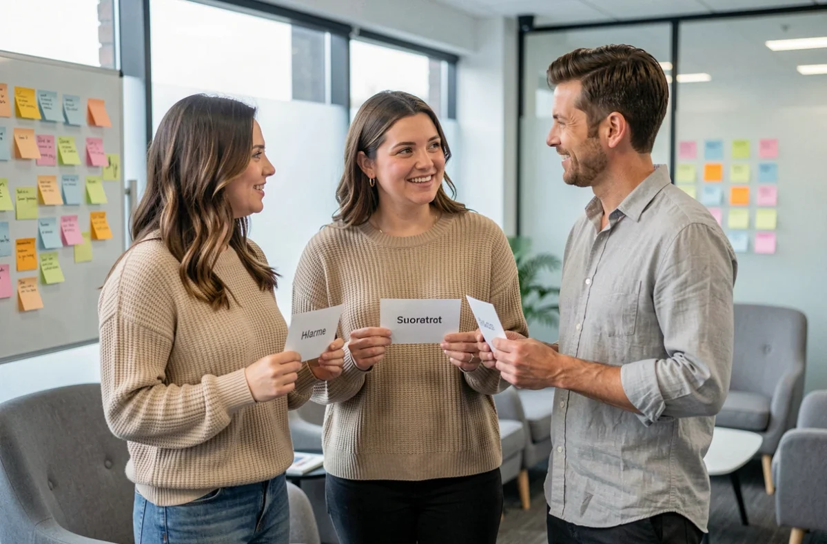 Trois collègues se rencontrant pour la première fois lors d'une activité d'équipe aléatoire dans un espace de travail collaboratif