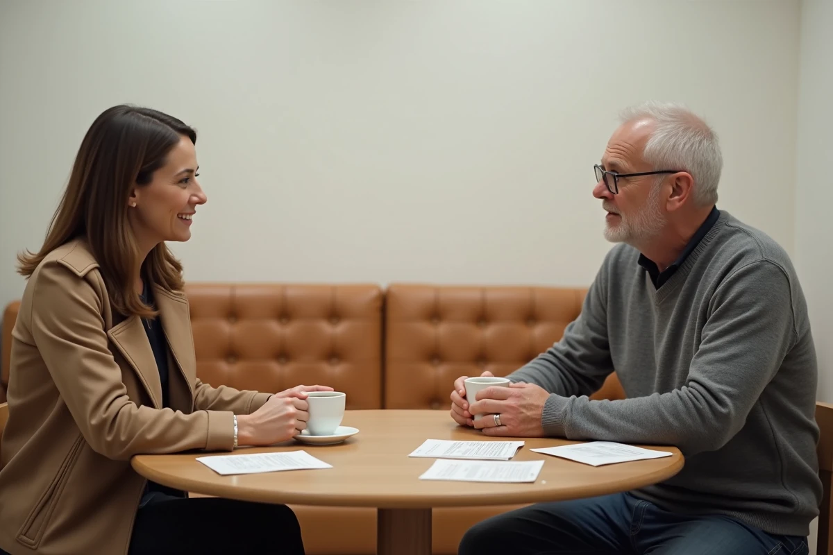 Femme politique et artiste en conversation informelle dans une loge, ambiance coulisses médiatiques