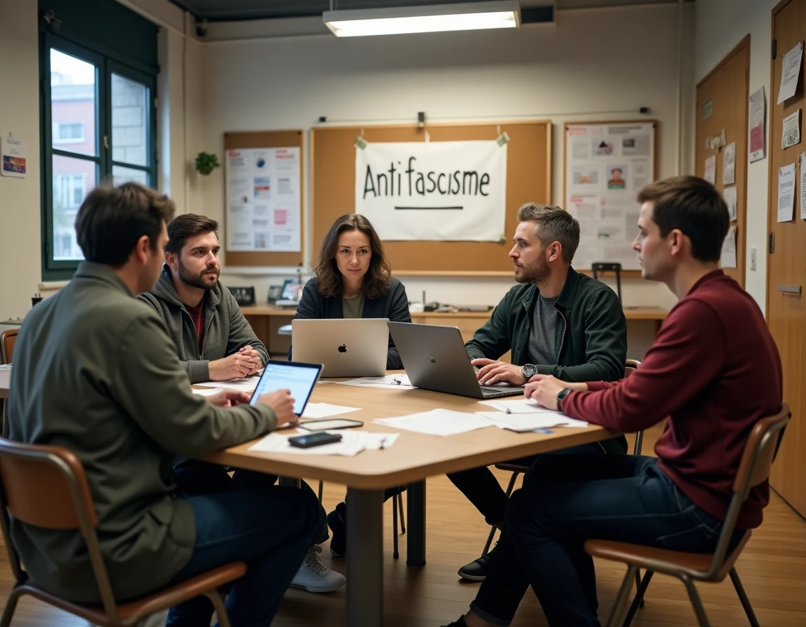 Un groupe de militants antifascistes réunis autour d'une table dans un centre communautaire pour une réunion d'organisation militante