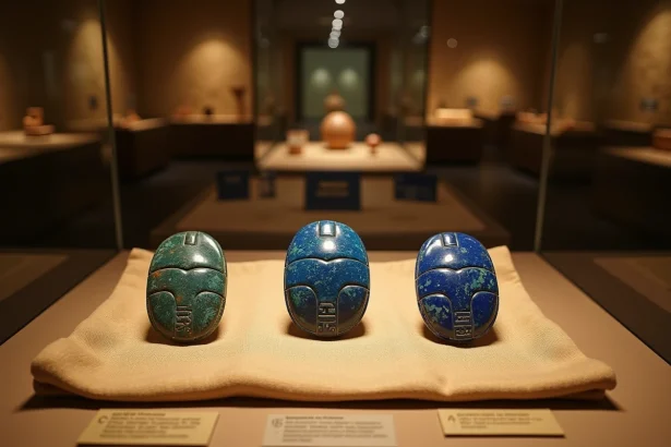 Trois scarabées égyptiens antiques en lapis-lazuli et faïence exposés dans une vitrine de musée, avec inscriptions hiéroglyphiques visibles