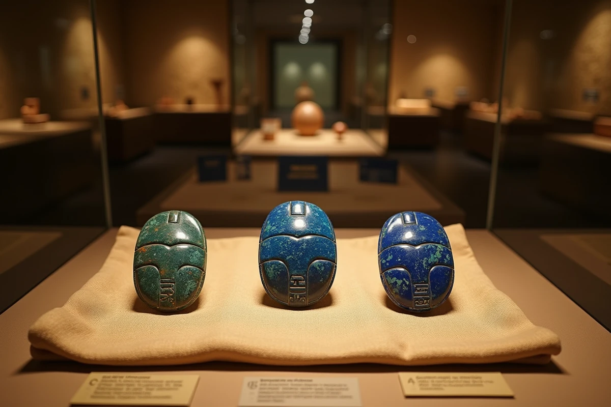 Trois scarabées égyptiens antiques en lapis-lazuli et faïence exposés dans une vitrine de musée, avec inscriptions hiéroglyphiques visibles