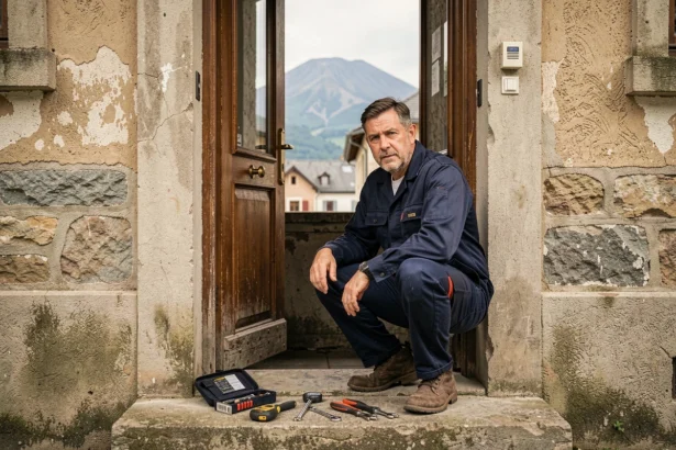 Serrurier professionnel intervenant en urgence devant une porte résidentielle dans le Puy-de-Dôme