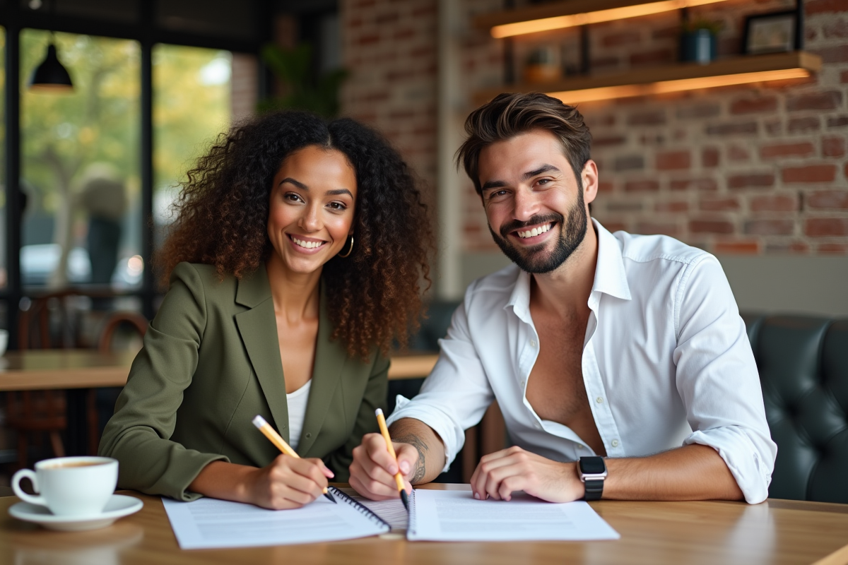 Jeunes entrepreneurs signant un contrat dans un café animé