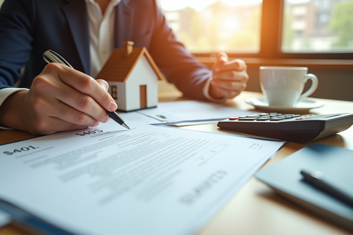 Main signant un contrat de mortgage avec calculatrice et maquette de maison