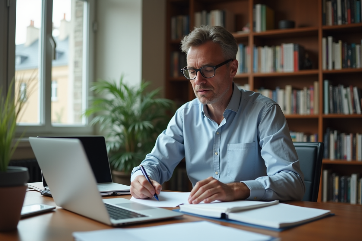 Sociologue française dans un bureau moderne en train d'étudier des papiers