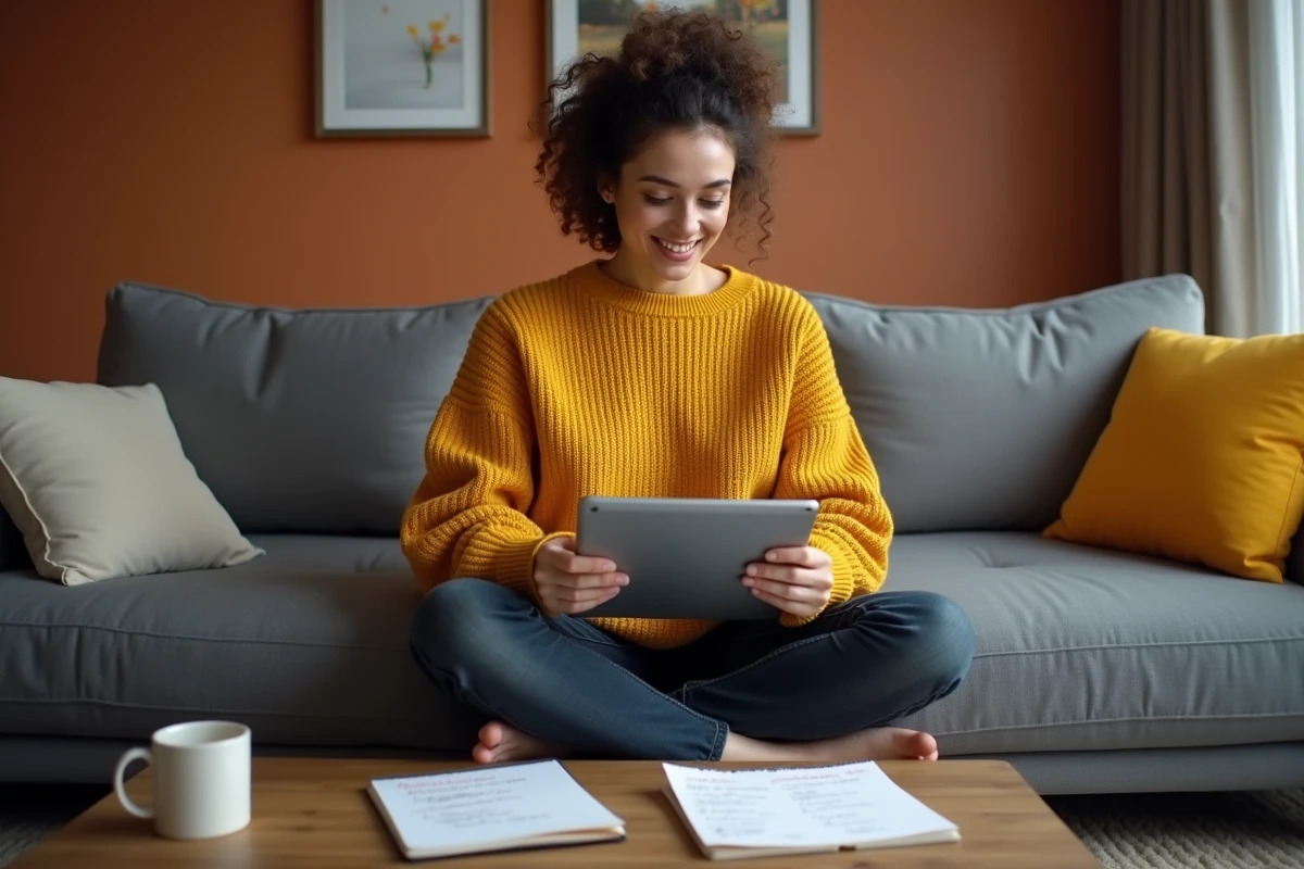 Jeune photographe consultant sa stratégie de référencement pour ses galeries photos sur tablette à domicile