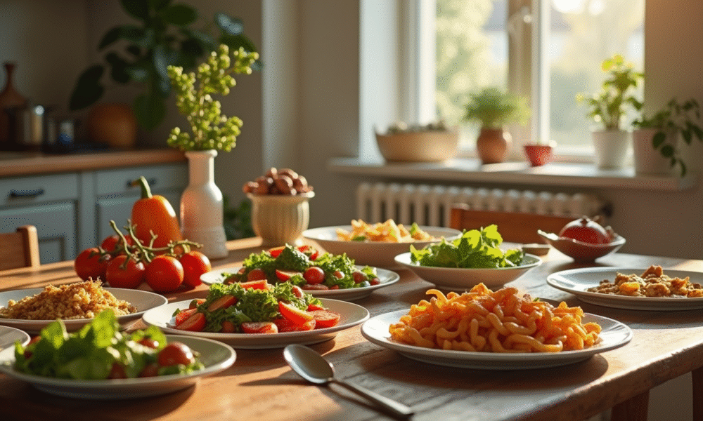 Table familiale en cuisine avec plats frais et ambiance chaleureuse