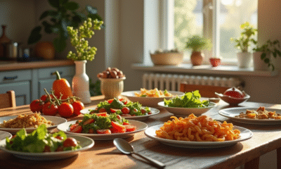 Table familiale en cuisine avec plats frais et ambiance chaleureuse