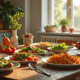 Table familiale en cuisine avec plats frais et ambiance chaleureuse