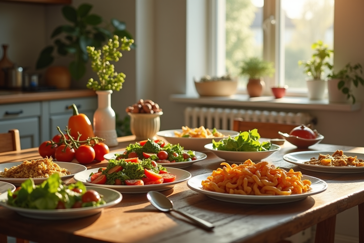 Table familiale en cuisine avec plats frais et ambiance chaleureuse