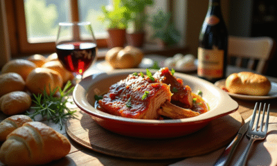 Table rustique avec confit de porc et vin rouge
