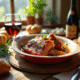 Table rustique avec confit de porc et vin rouge