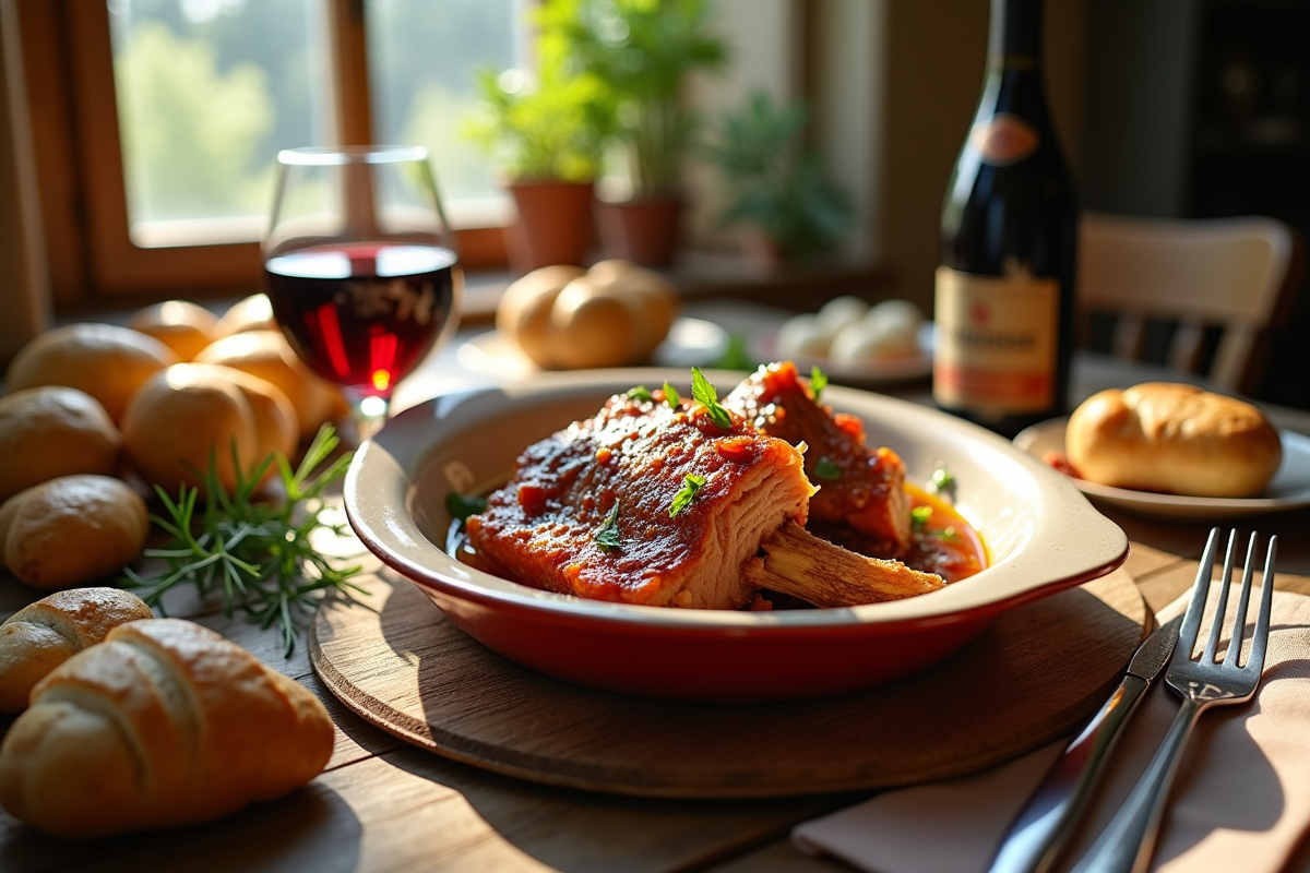 Table rustique avec confit de porc et vin rouge