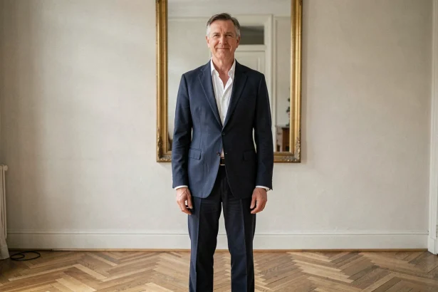 Portrait en pied d'un homme grand et élégant en blazer marine, debout dans un intérieur parisien avec parquet en bois, illustrant la silhouette et la taille de Marc Lavoine