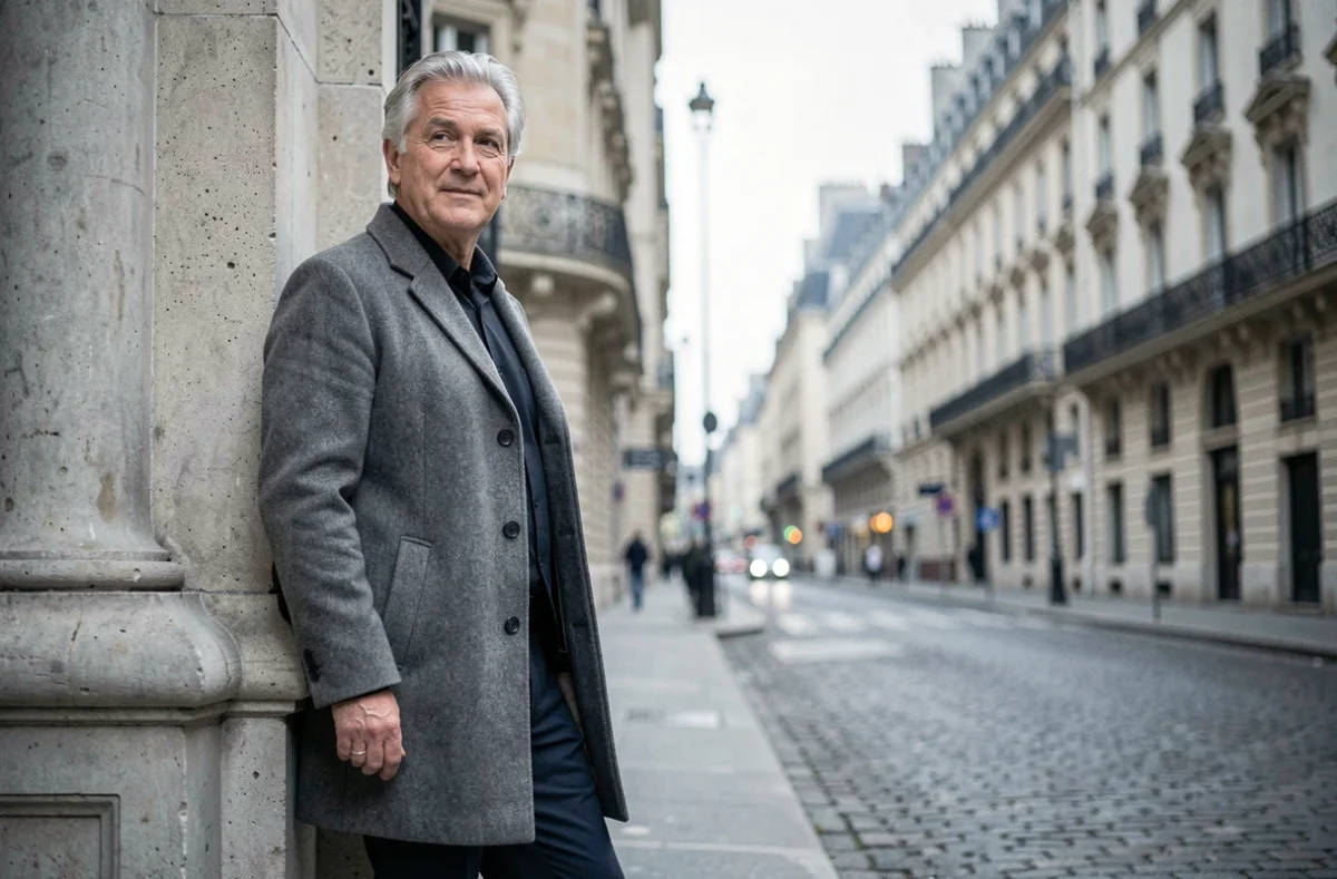 Homme grand aux cheveux argentés en manteau gris classique debout près d'un pilier en pierre dans une rue parisienne haussmannienne, évoquant la silhouette élancée de Marc Lavoine