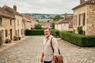 Photographe professionnel posant dans un village typique des Deux-Sèvres, appareil photo en main, illustrant le top 10 des photographes de la région