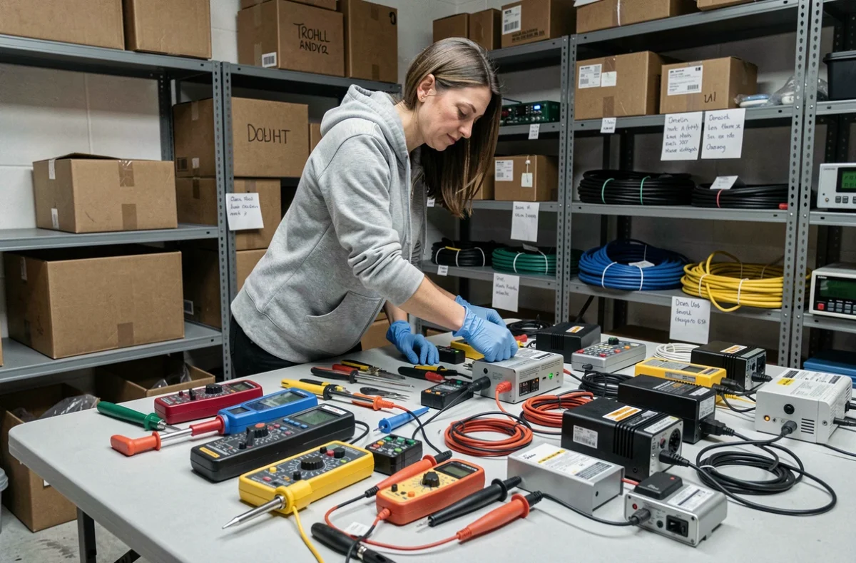 Femme triant des outils électroniques recyclés sur une table dans une salle de stockage d'association pour compléter l'inventaire d'un club