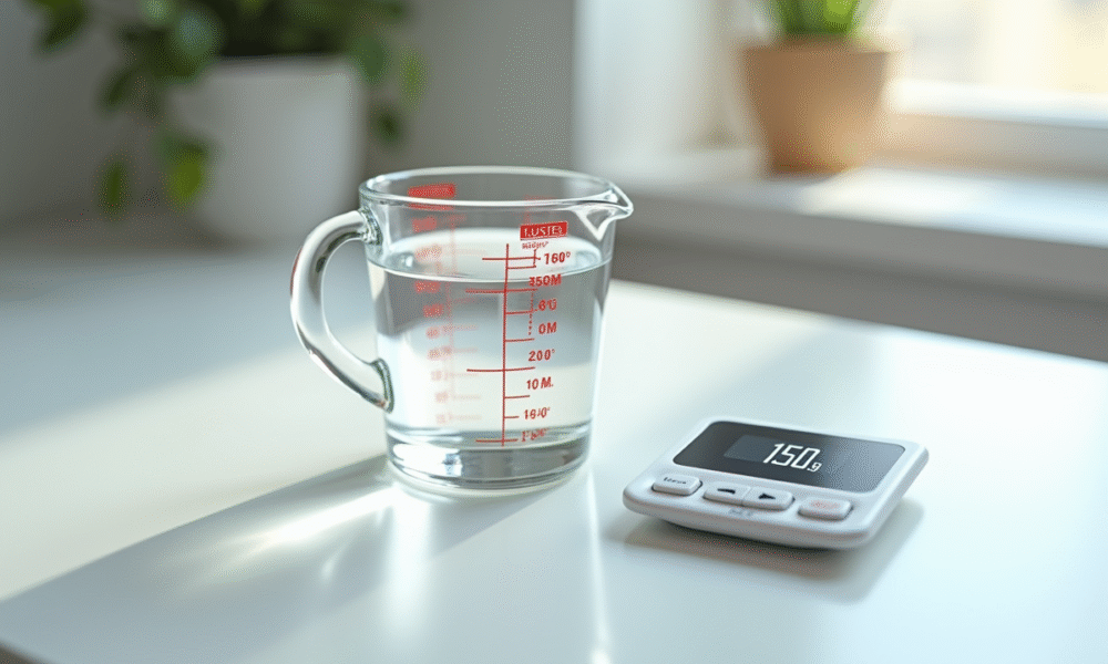 Verre mesureur rempli d'eau jusqu'à 150 ml sur plan de travail