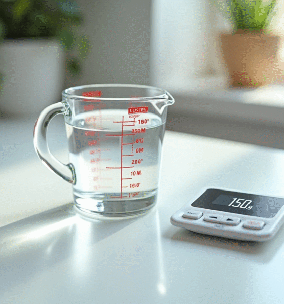 Verre mesureur rempli d'eau jusqu'à 150 ml sur plan de travail