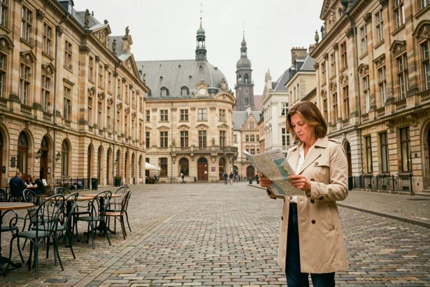 Place historique d'une ville belge de 6 lettres avec façades baroque et terrasses de café