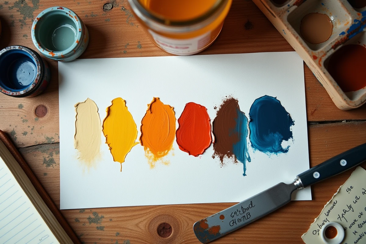 Vue en plongée d'un processus de mélange de peintures primaires montrant l'évolution vers une teinte marron naturelle sans pigment marron ni noir