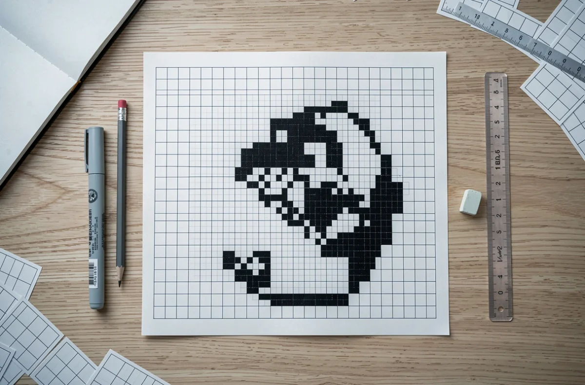 Vue de dessus d'un dessin pixel art noir et blanc à moitié complété sur papier quadrillé avec des outils de dessin