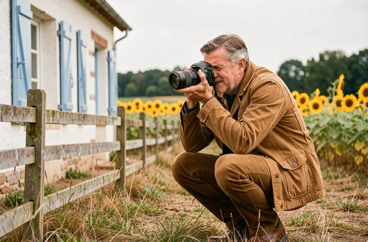 Bruno Warion photographe accroupi devant une ferme typique des Deux-Sèvres, capturant un paysage agricole avec des champs de tournesols